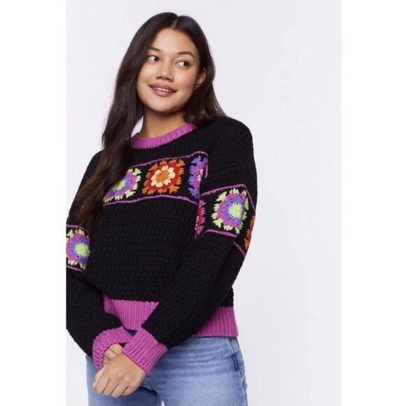 Forever 21 Black Neon Knitted Granny Square Boxy Sweater size Small - Picture 1 of 9